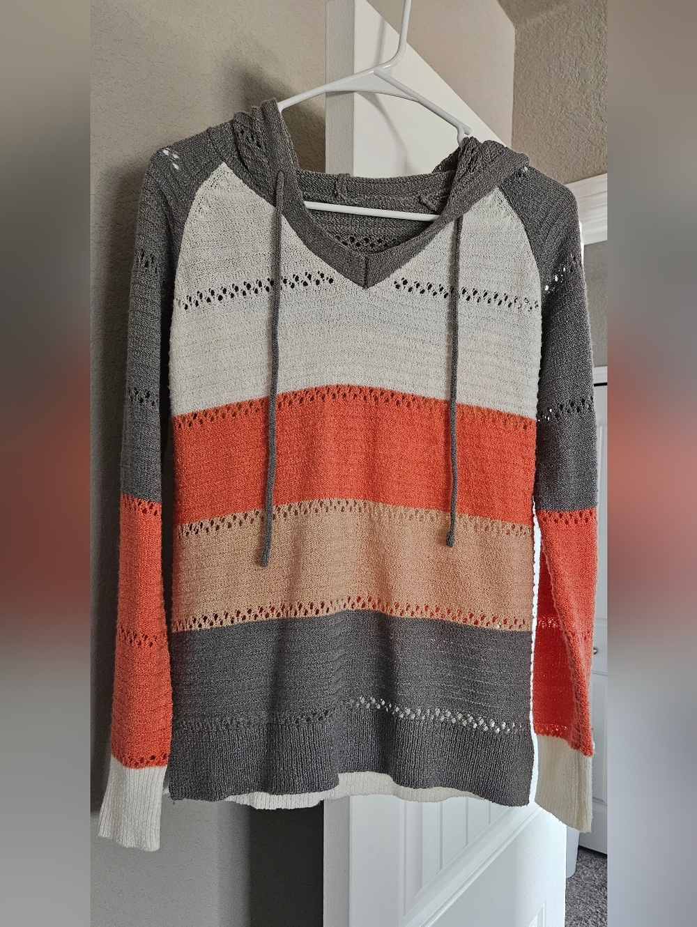 Striped Hooded Knit Sweater in Gray, Cream & Coral